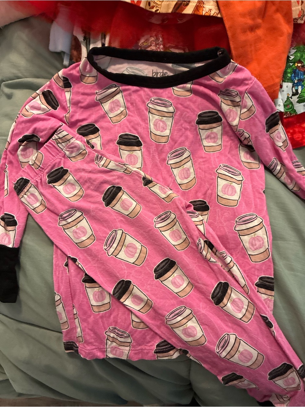 Birdie Kids Pink Coffee Cup Print Pajama Set with Black Trim
